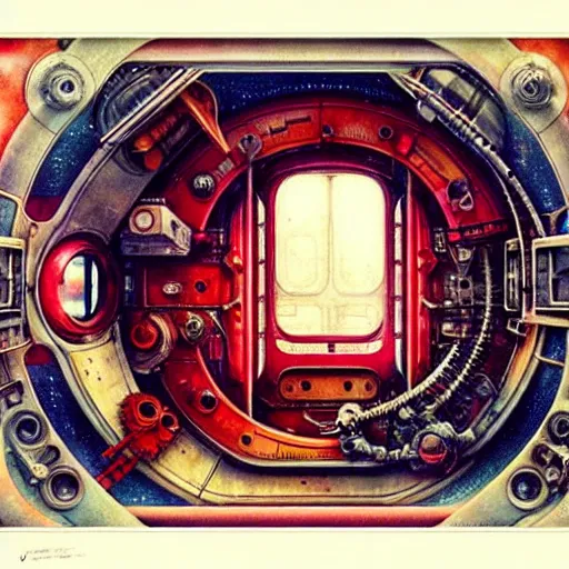 Image similar to ( ( ( ( ( 1 9 5 0 s retro future intricate machine spaceship large window. muted colors. ) ) ) ) ) by jean baptiste monge!!!!!!!!!!!!!!!!!!!!!!!!! chrome red