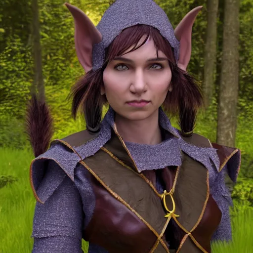 Image similar to anya charlota as a medieval fantasy elf, dark purplish hair tucked behind ears, wearing a green tunic with a fur lined collar and brown leather armor, wide, muscular build, scar across nose, one black, scaled arm, cinematic, character art, digital art, forest background, realistic. 8 k, 3 d render.