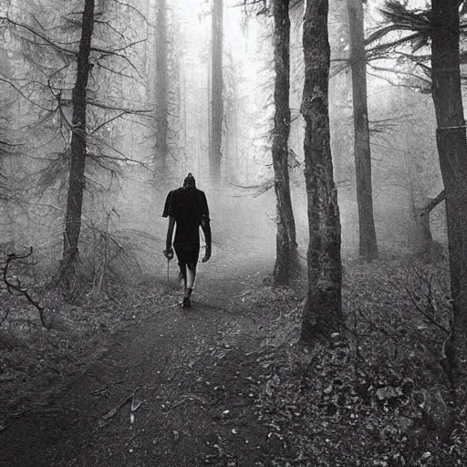 Prompt: old photograph of a monster walking through an eerie forest behind a hiker