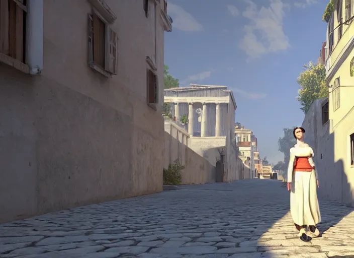 Image similar to a woman in a fed skirt walking the narrow streets of athens, painted by, mc escher, gordon onslow ford, georgia o'keeffe and ivan aivazovsky, cinematic light, god rays, colourful, unreal engine, zbrush central,