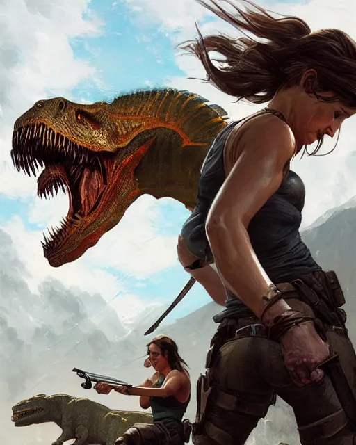 Prompt: lara croft fighting the tyrannosaurus rex | | realistic shaded, fine details, realistic shaded lighting poster by greg rutkowski, magali villeneuve, artgerm, jeremy lipkin and michael garmash and rob rey