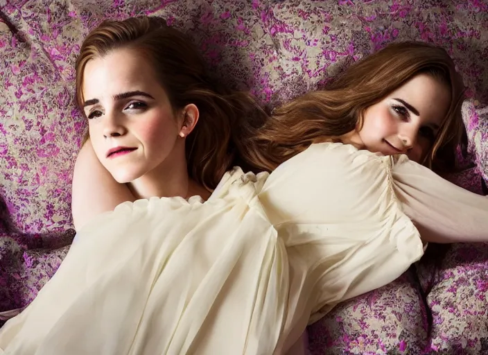 Image similar to Emma Watson for Victorian Secret, perfect face, morning sleeping bedroom, full length shot, colorful, XF IQ4, 150MP, 50mm, f/1.4, ISO 200, 1/160s, natural light, Adobe Photoshop, Adobe Lightroom, DxO Photolab, Corel PaintShop Pro, rule of thirds, symmetrical balance, depth layering, polarizing filter, Sense of Depth, AI enhanced