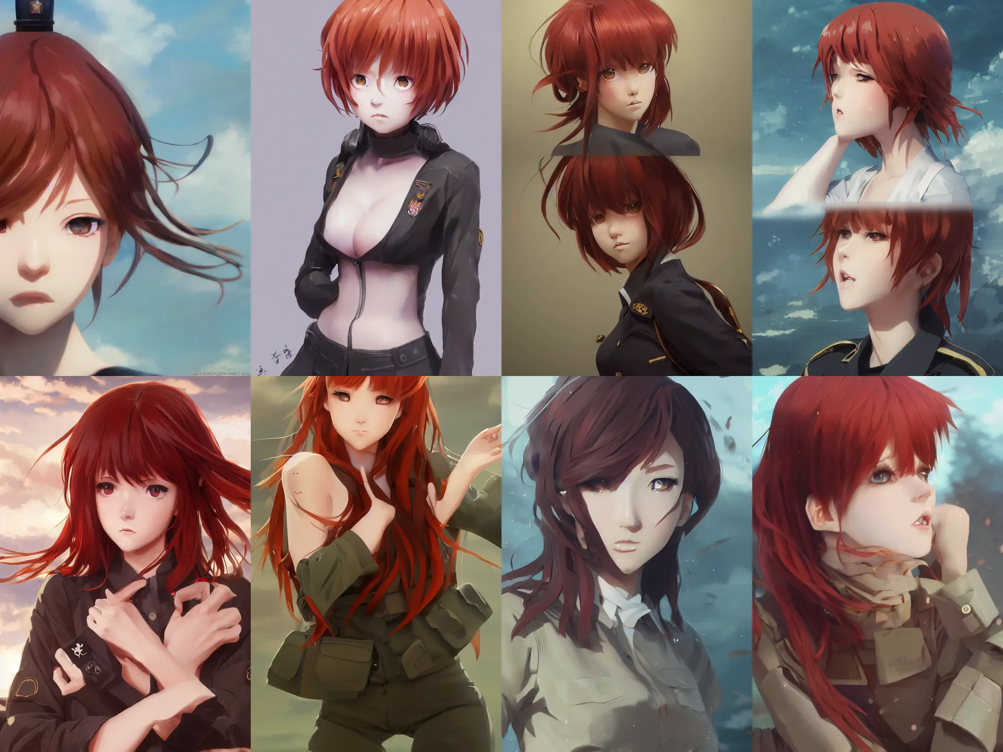 Prompt: Very complicated dynamic composition, realistic anime style at Pixiv by WLOP, ilya kuvshinov, krenz cushart, Greg Rutkowski, trending on artstation. Zbrush sculpt colored, Octane render in Maya and Houdini VFX, close-up portrait of redhead girl in motion, she is frightened, wearing military uniform, silky hair, stunning deep eyes. Very expressive and inspirational. Amazing textured brush strokes. Cinematic dramatic soft volumetric studio lighting
