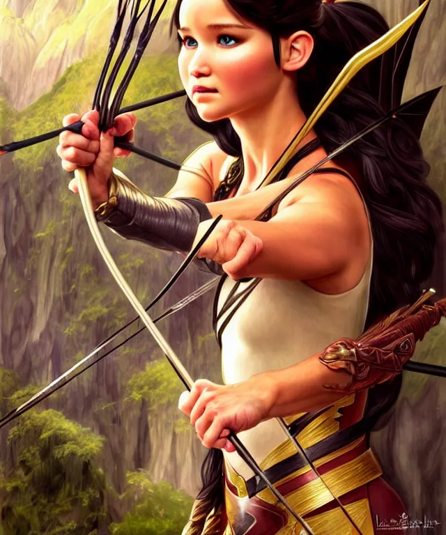 Image similar to katniss as a strong powerful angry fantasy elf with a bow and arrow, portrait, fantasy, intricate, elegant, highly detailed, digital painting, artstation, concept art, smooth, sharp focus, illustration, art by artgerm and larry elmore and alphonse mucha