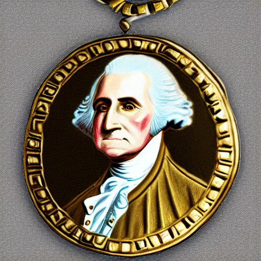 Image similar to a photorealistic colored pencil sketch of a distinguished George Washington wearing a gold chain around his neck with a small Doubloon coin attached as a necklace. This 4K HD image is Trending on Artstation, featured on Behance, well-rendered, extra crisp, features intricate detail and the style of Unreal Engine.