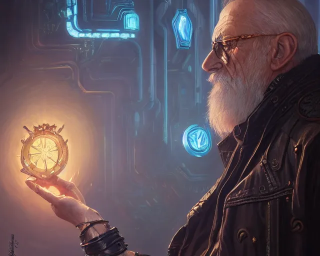 Image similar to old man with cyberpunk leather jacket, deep focus, d & d, fantasy, intricate, elegant, highly detailed, digital painting, artstation, concept art, matte, sharp focus, illustration, hearthstone, art by artgerm and greg rutkowski and alphonse mucha