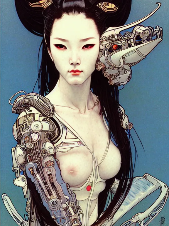 Prompt: realistic detailed portrait of one handsome futuristic female geisha with few elements of alien cyberpunk armor, minimal design armor style, by moebius, alphonse mucha, ayami kojima, amano,, greg hildebrandt,, and mark brooks, feminine, female, seductive, art nouveau, cyberpunk, neo - gothic, gothic, character concept design,