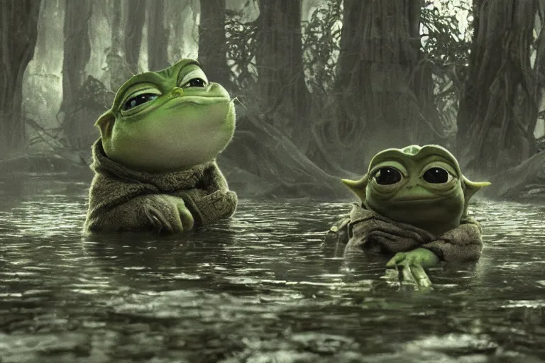 Prompt: pepe the frog yoda in a swamp on dagobah, a scene from'the empire strikes back ', hyper realistic, cinematic