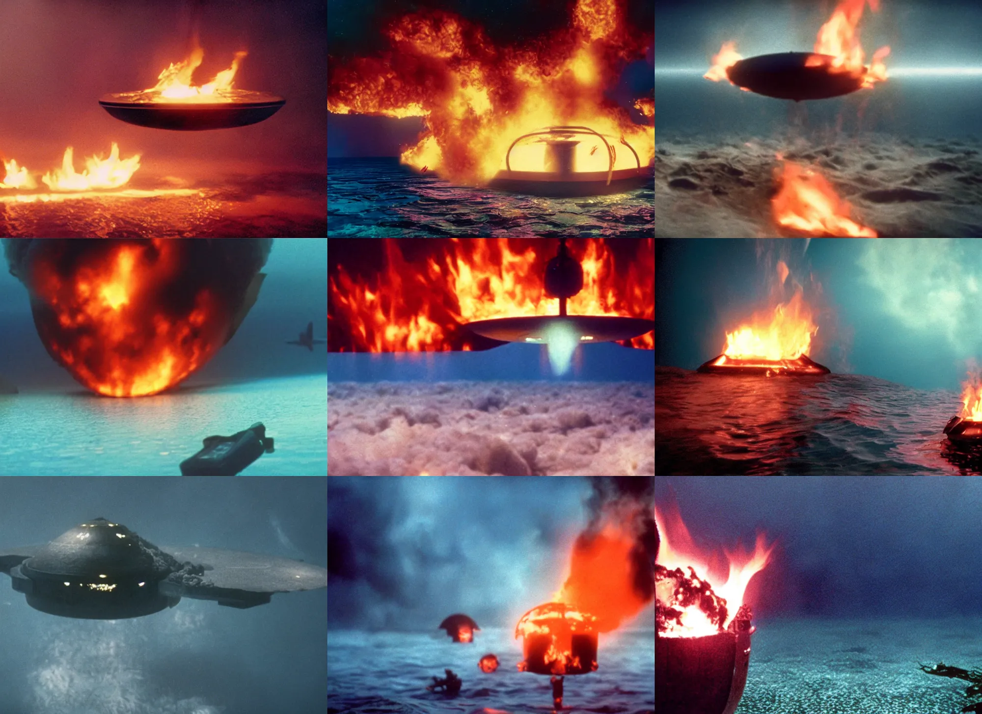 Prompt: a film still of ufo burning underwater, colorful, hbo, netflix, 4 k, hd, hyperrealistic, 7 0 mm, christopher nolan