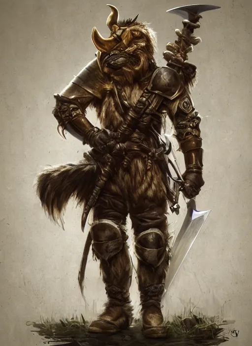 Image similar to photorealistic bugbear ranger holding sword on fire, magic, black beard, dungeons and dragons, pathfinder, roleplaying game art, hunters gear, jeweled ornate leather and steel armour, concept art, character design on white background, by sargent, norman rockwell, makoto shinkai, kim jung giu, artstation trending, poster art, colours red