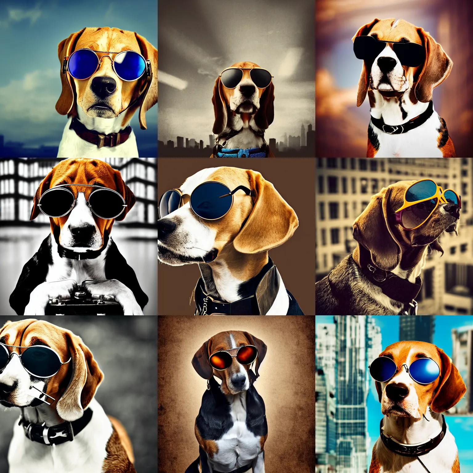 Prompt: sublime portrait of a beagle with sunglasses, medium shot, busy metropolis background, steampunk era