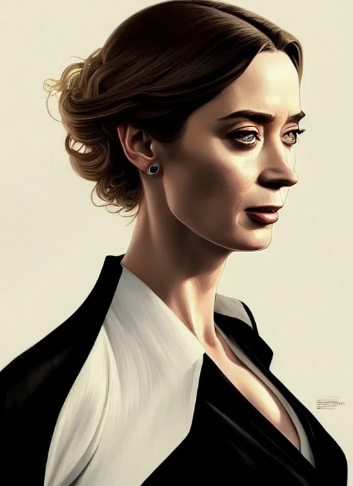 Image similar to portrait of emily blunt as business woman, black suit, white shirt, black tie, intricate, headshot, highly detailed, digital painting, artstation, concept art, sharp focus, cinematic lighting, illustration, art by artgerm and greg rutkowski, alphonse mucha, cgsociety