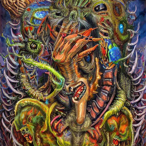 Image similar to a very crazy and high hyper detailed painting with many complex textures and sacred animal skin, of a monster with three heads and a scaly body, and a head inside the stomach from which several deformed soldiers come out running and screaming, crazy faces of free spirts, psychedelic surreal cosmic magic realism chaotic weird bizarre art and spitual psychotic