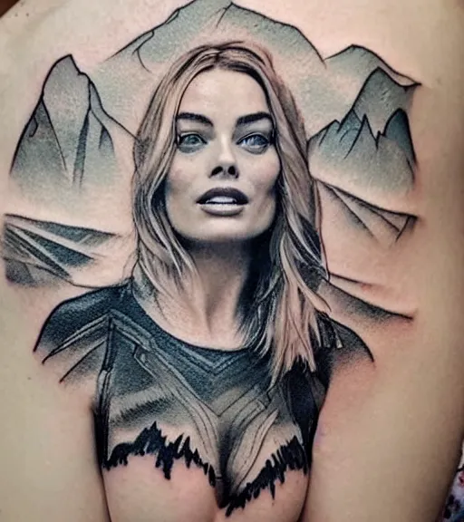 Image similar to tattoo design sketch double exposure of margot robbie with beautiful mountain scenery mash up, in the style of arlo dicristina, surrealist, amazing detail, sharp