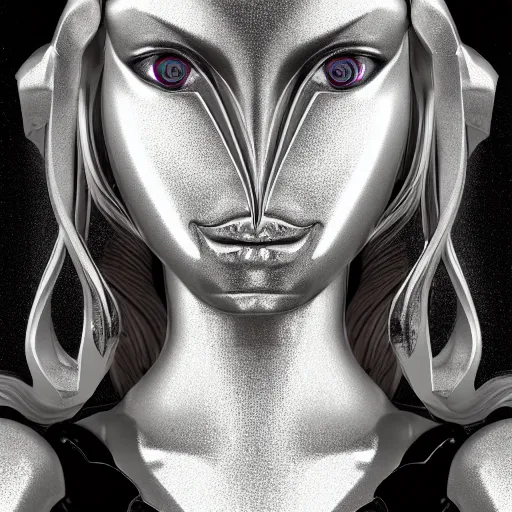 Image similar to symmetrical feminine cyborg goddess rendered in Cinema 4D and Octane and Unreal Engine 5, illustrious silver cybernetic body and ornate futuristic outfit, glowing white neon eyes, platinum and obsidian flowing long hair, art by Artgerm, Beeple and Alphonse Mucha, hyperrealism, full body photogenic shot, digital render, cinematic lighting ornate earrings, 8k resolution, masterpiece work