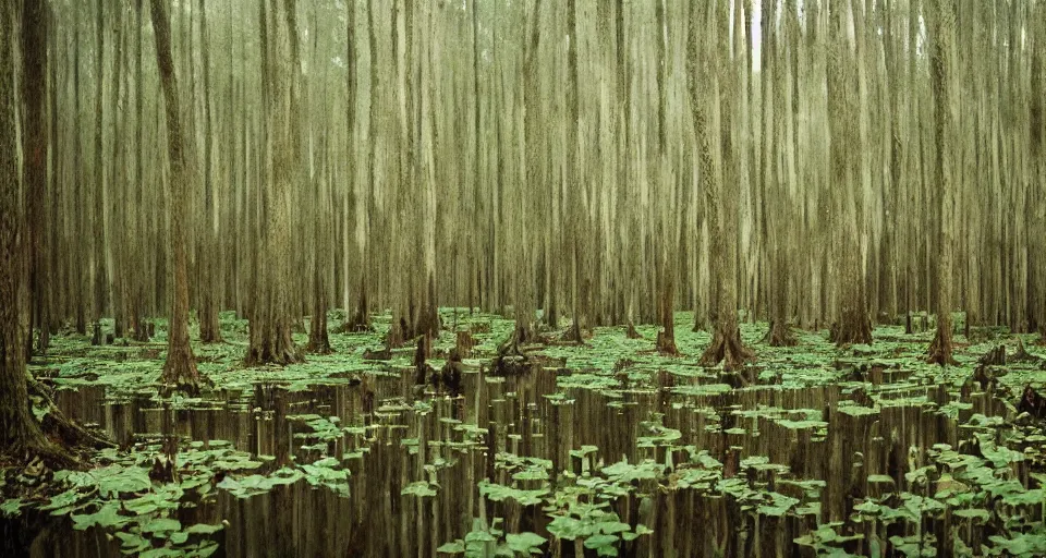 Image similar to A dense and dark enchanted forest with a swamp, by Wes Anderson,