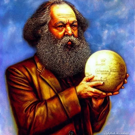 Prompt: Karl Marx pondering his Orb by Karol Bak