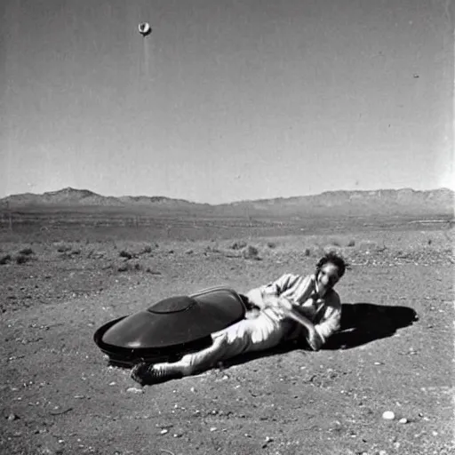 Prompt: Asmongold laying on the ground next to a crashed UFO in a New Mexico desert. 1940s photograph.