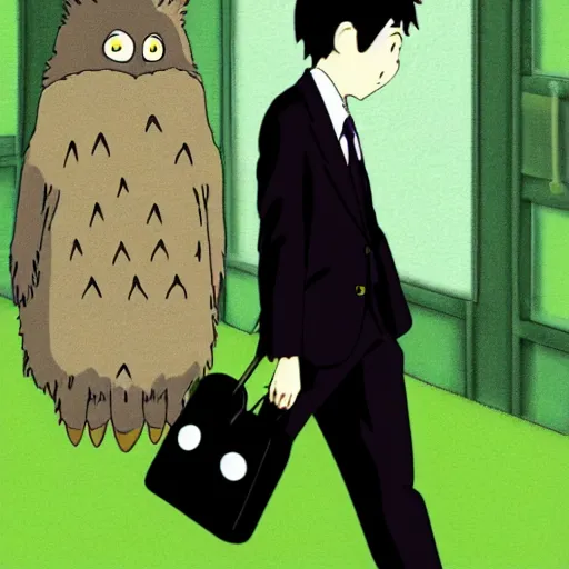 Prompt: still from studio ghibli movie My Neighbor Totoro, Hayao Miyazaki,barn owl in a black suit wearing an office bag going to the office, symetrical face,digital oil painting