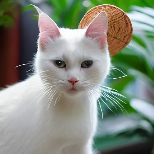 Image similar to Vietnamese white cat wearing a rice hat