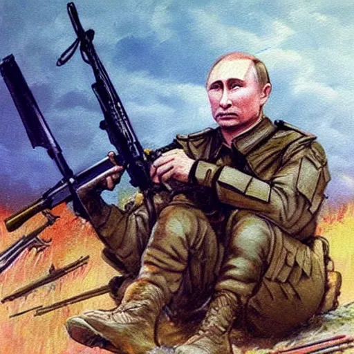 Image similar to Putin is sitting in the trenches and defending himself from Ukrainian troops, Retro futuristic painting style