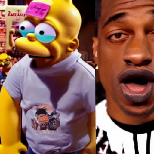 Image similar to travis scott and homer simpson rap battle, dramatic, epic