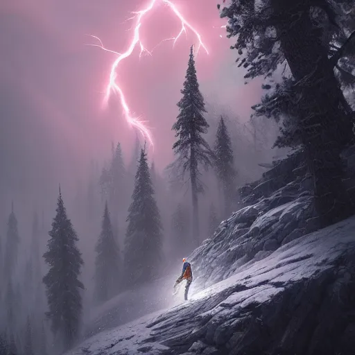 Image similar to climber, extreme cold, storm, octane rendering, volumetric lightning, hyperrealism, no blur, 4 k resolution, ultra detailed, style of ivan shishkin, tyler edlin, anato finnstark