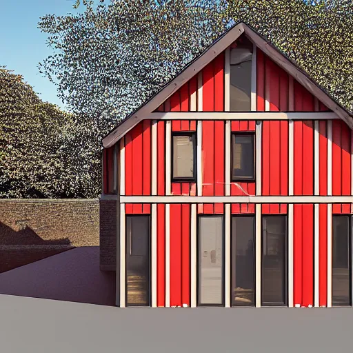 Prompt: a modern half - timbered house with a red door and windows, a digital rendering by schelte a bolswert, featured on polycount, de stijl, reimagined by industrial light and magic, angular, symmetrical