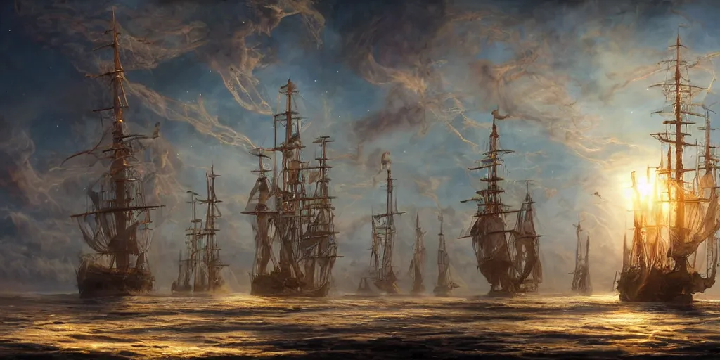 Image similar to Photorealistic epic science fiction painting of a tall ship with three masts sailing through space, by Rodney Matthews and Roger Dean. photorealism, UHD, amazing depth, glowing, golden ratio, 3D octane cycle unreal engine 5, volumetric lighting, cinematic lighting, cgstation artstation concept art