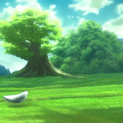 Image similar to big white whale flying near giant tree in the green field, anime, HD,