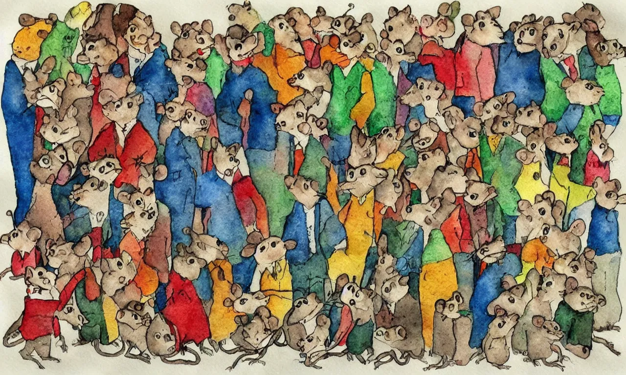 Prompt: a man made of mice outsider art children's illustration watercolor painting