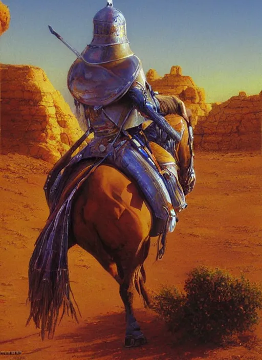 Prompt: knight, desert, next to car, painting, detailed, realistic, complimentary - colors, light, by richard doyle, by robert hagan, by tim hildebrandt