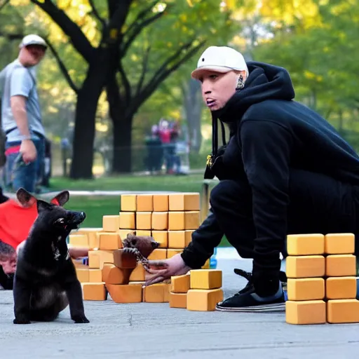 Image similar to Eminem with a dog plays with wooden blocks at Central Park