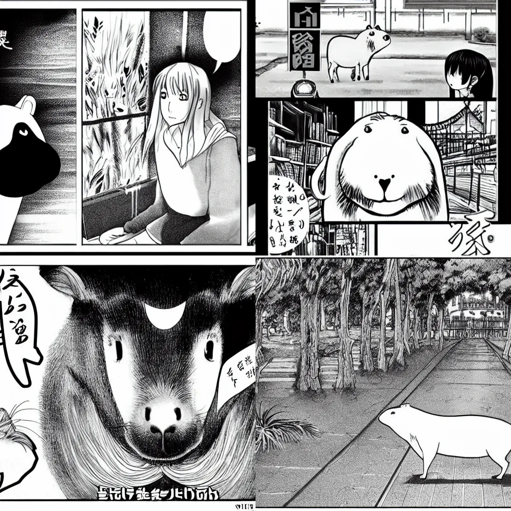 Prompt: b & w manga about a capybara, manhwa