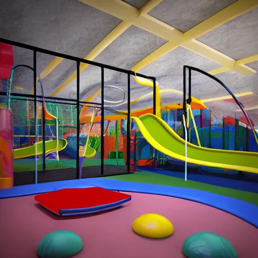 Image similar to an indoor play area with a slide and climbing wall, concept art by bourgeois, dribble, abstract expressionism, polycount, high definition, parallax