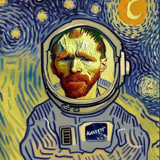 Image similar to Astronaut Lonely in the Galaxy - a painting by Van Gogh. very beautiful, HD detailed. Sad lighting, miserable emotions. The Astronaut is lost in the Galaxy.