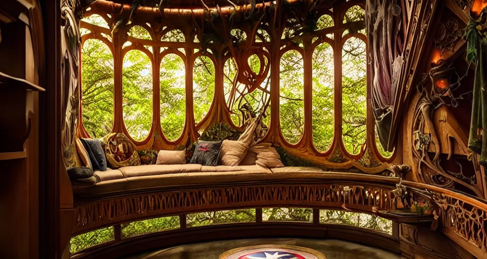 Prompt: An incredibly beautiful scene from a 2022 Marvel film featuring a cozy art nouveau reading nook balcony in a fantasy treehouse interior. 8K UHD.