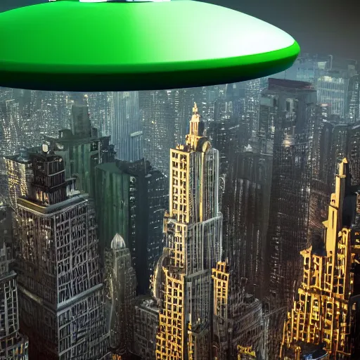 Prompt: photorealistic 3d render of a flying saucer flying over manhattan studio lighting, green background, in the style of pixar, highly detailed, sharp focus, bokeh, depth of field, 16k resolution, Unreal Engine 5, coherent, cinematic lighting, beautiful painting, from behind with halo effect