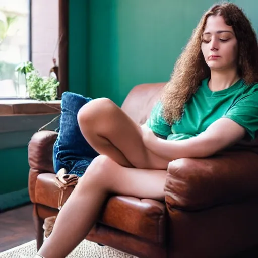 Image similar to a sad woman with brown hair in a green t - shirt wearing blue denim shorts sitting on a brown sofa. she has given up on her fantasy football team