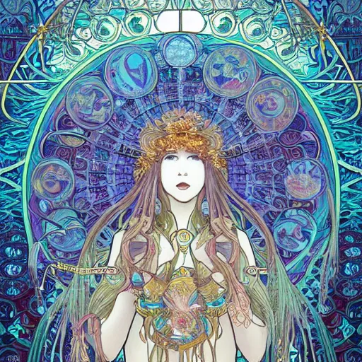 Prompt: A painting of priestesses worshipping at the jellyfish temple, shrouded in mist, jellyfish god, jellyfish priestess, jellyfish shrine maiden 8K, illustration, intricate artwork by alphonse mucha and Artgerm and , smoke, undersea temple with fish, cinematic, insanely detailed and intricate, hypermaximalist, elegant, super detailed, award-winning, mauve and cinnabar and cyan, rainbow accents, mysterious, ancient, ritual, trending in cgsociety, artstation HQ, ornate, elite, haunting, matte painting, beautiful detailed, insanely intricate details, dreamy and ethereal, smooth, sharp focus