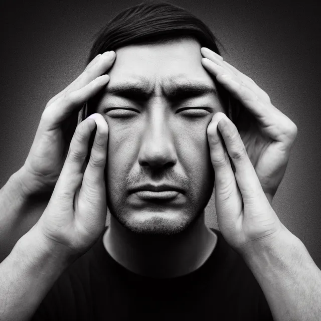 Image similar to man holding his hands over his eyes, photorealistic, lifelike, OLED, DSLR HDR 8k, face is the focus, facial feature symmetry, hyper composed, deviantart,