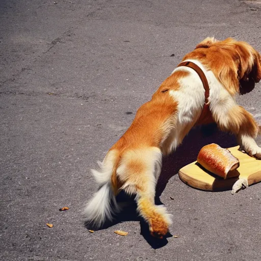 Image similar to san bernardo dog eating a baguette, photography