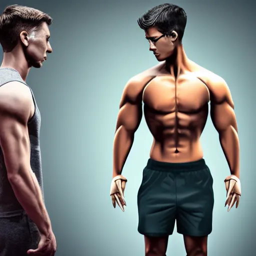 Image similar to a realistic detailed photo of a guy who is an attractive humanoid who is half robot and half humanoid, who is a male android, attractive and handsome jogger, shiny skin, posing like a statue, blank stare, in a factory, on display, showing off his muscles, wearing gym shorts, side view, looking at each other mindlessly