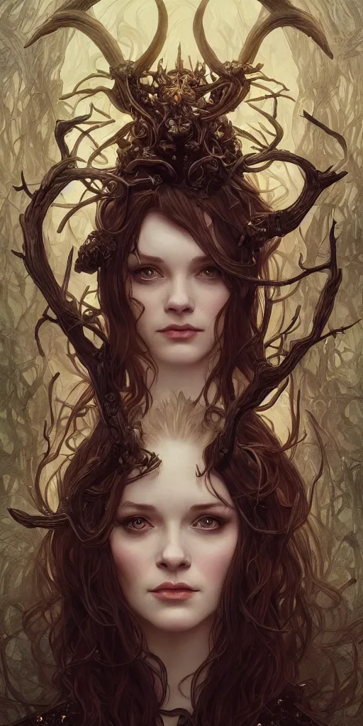 Prompt: a beautiful illustration of a witch with horns in head, young christina hendricks, intricate, sharp focus, illustration, highly detailed, digital painting, concept art, matte, art by wlop and artgerm and greg rutkowski and alphonse mucha, masterpiece