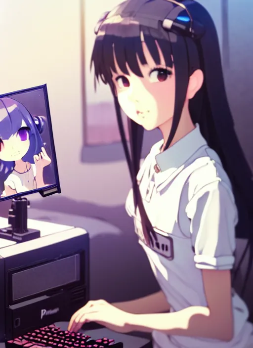 Image similar to a film still polaroid portrait of a young gamersgirl at a gaming pc, finely detailed features, perfect art, busy room, gapmoe yandere grimdark, trending on pixiv fanbox, focussed painted by ilya kushinov makoto shinkai takashi takeuchi studio ghibli, akihiko yoshida, sachin teng, huang guangjian, artstation