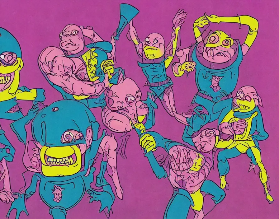 Prompt: krang 1980s pop band, surrealism aesthetic, detailed facial expressions
