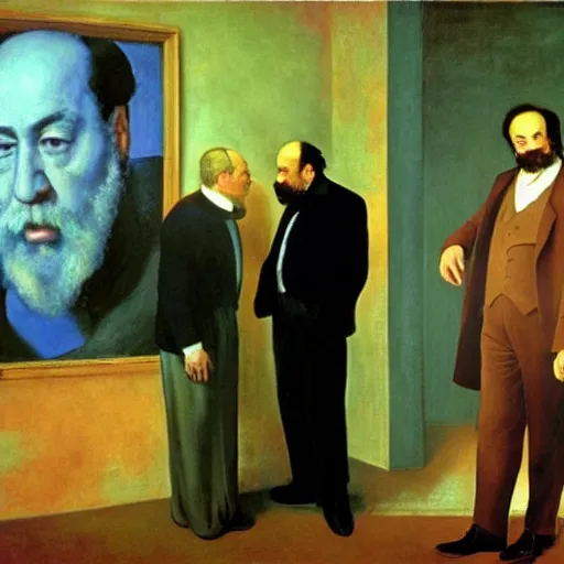 Prompt: silvio berlusconi talking with karl marx, film still by edward hopper, by Pontormo, by klimt, art noveau, highly detailed, strong lights, liminal, eerie, Bright pastel colors