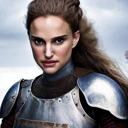 Prompt: head and shoulders portrait of a female knight, young natalie portman, game of thrones, silken blonde hair, armored, athletic, vogue fashion photo