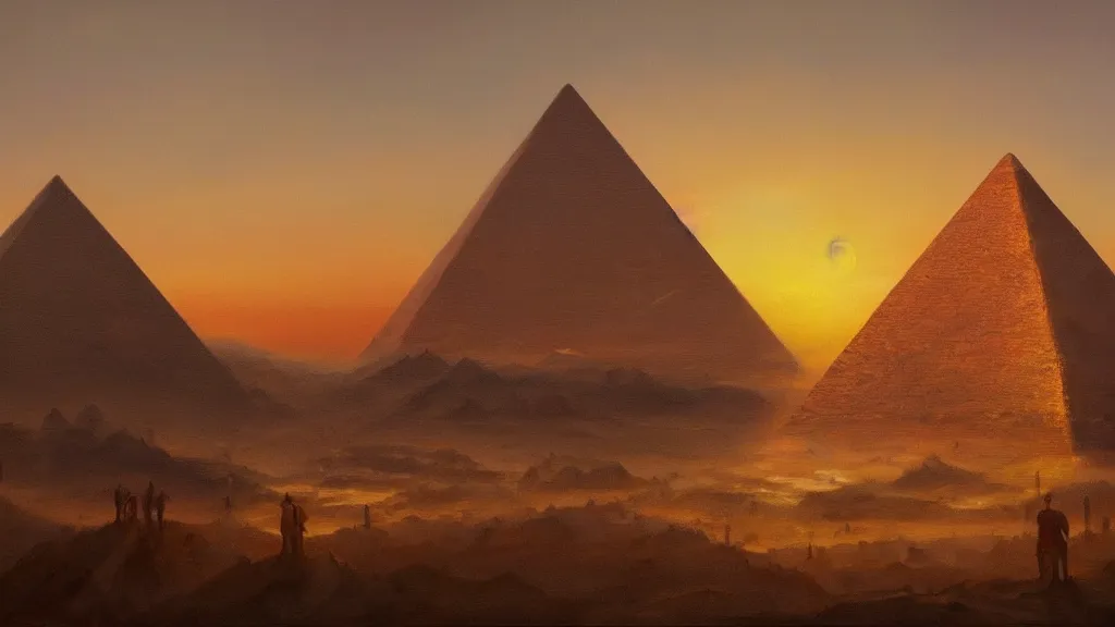 Image similar to Trending on artstation, beautiful pyramid with golden tip illuminated by the sunset, detailed matte painting, oil on canvas