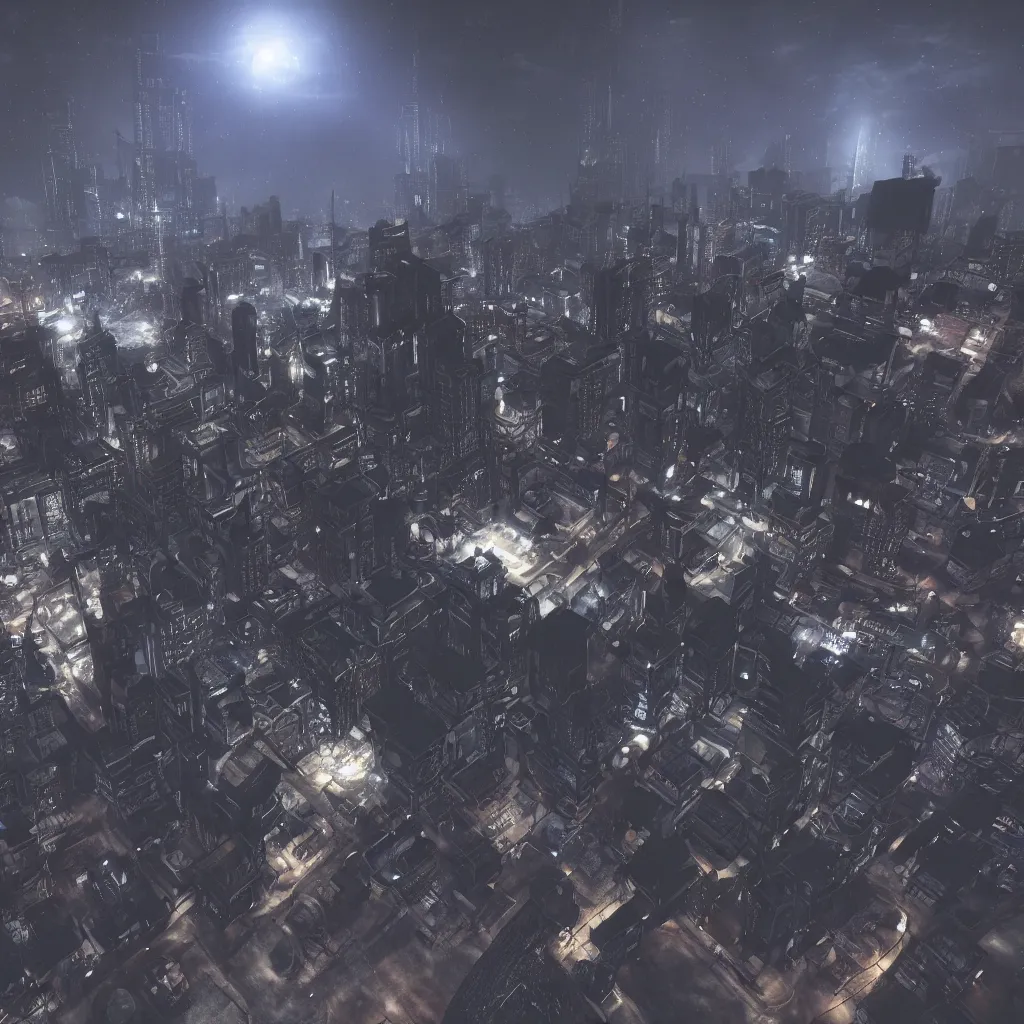 Image similar to realistic dystopian cityscape, night sky, videogame map as designed by valve software, source engine render, 4 k resolution, dark atmosphere, left 4 dead 2 style, award winning render